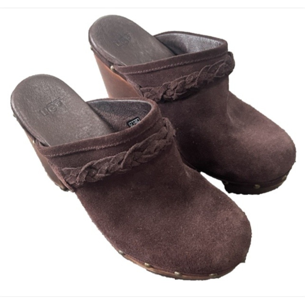 UGG Kaylee Brown‎ Suede Mule Heels Clogs Studded Wood Block Platform US 7 UK 5.5